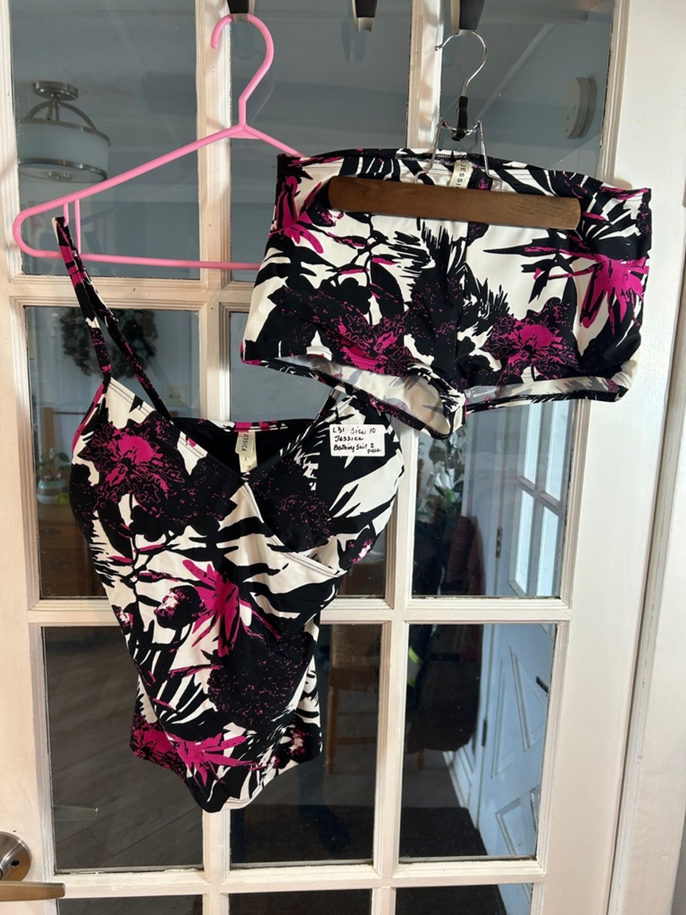 L31.  Floral Two-Piece Swimsuit - Black, White & Magenta